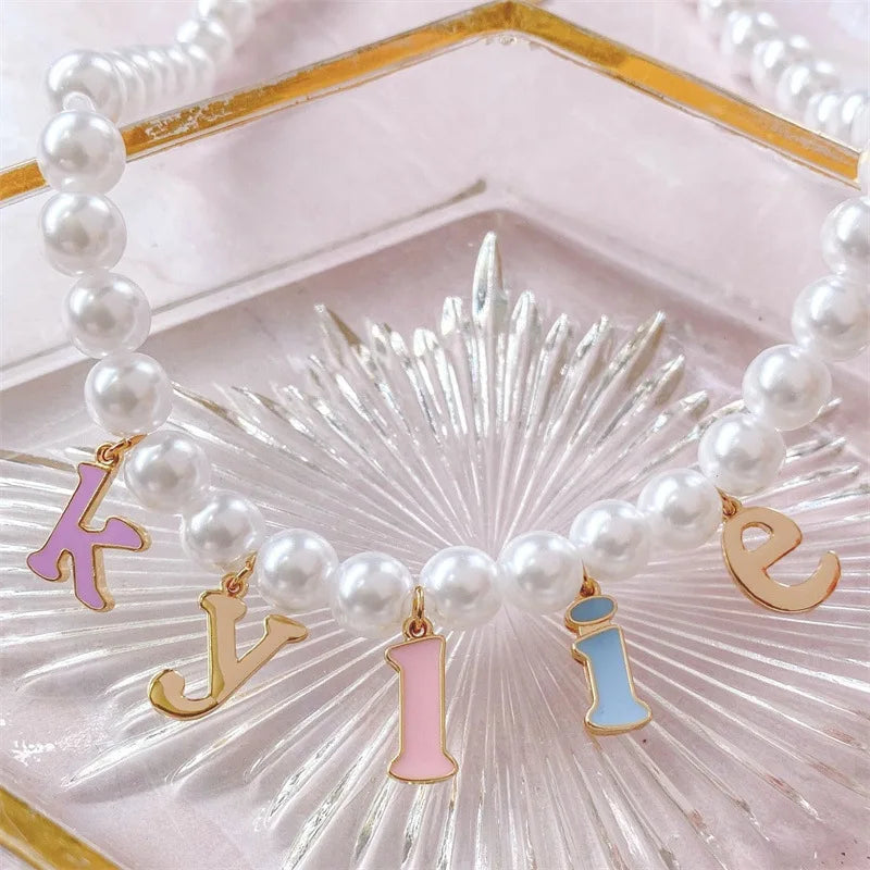 Vintage Pearl Ename Letter Custom Name Necklace Stainless Steel