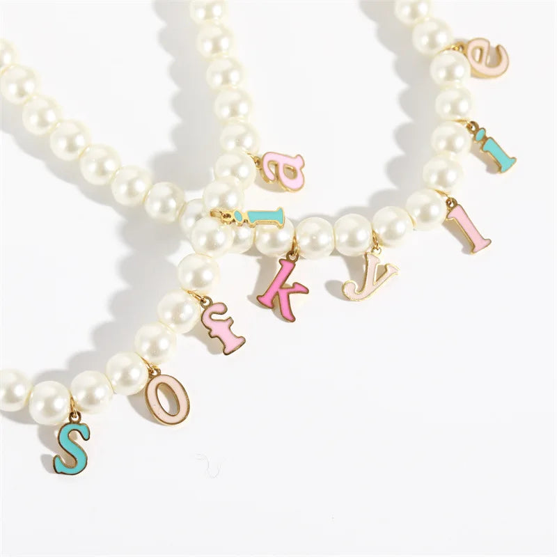 Vintage Pearl Ename Letter Custom Name Necklace Stainless Steel
