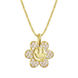 Vintage Sun Flower Smile Necklace Rhinestone Necklaces For Women Girls