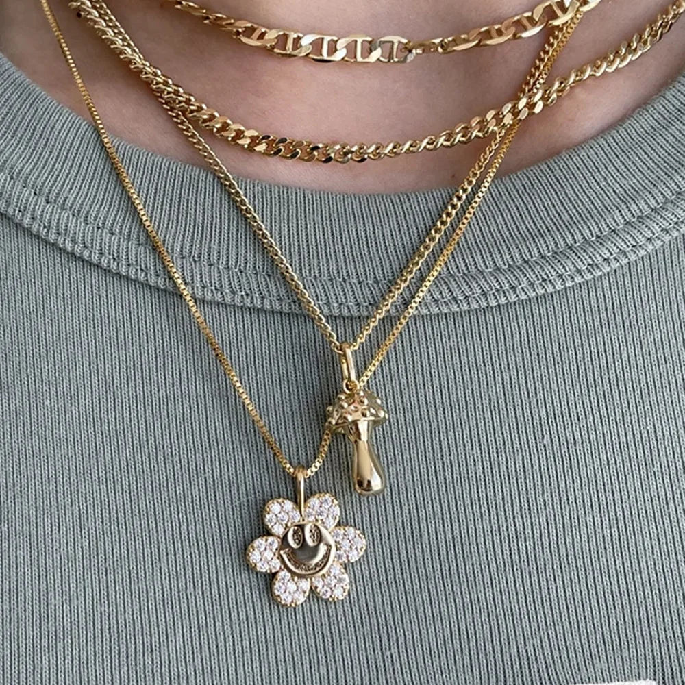 Vintage Sun Flower Smile Necklace Rhinestone Necklaces For Women Girls