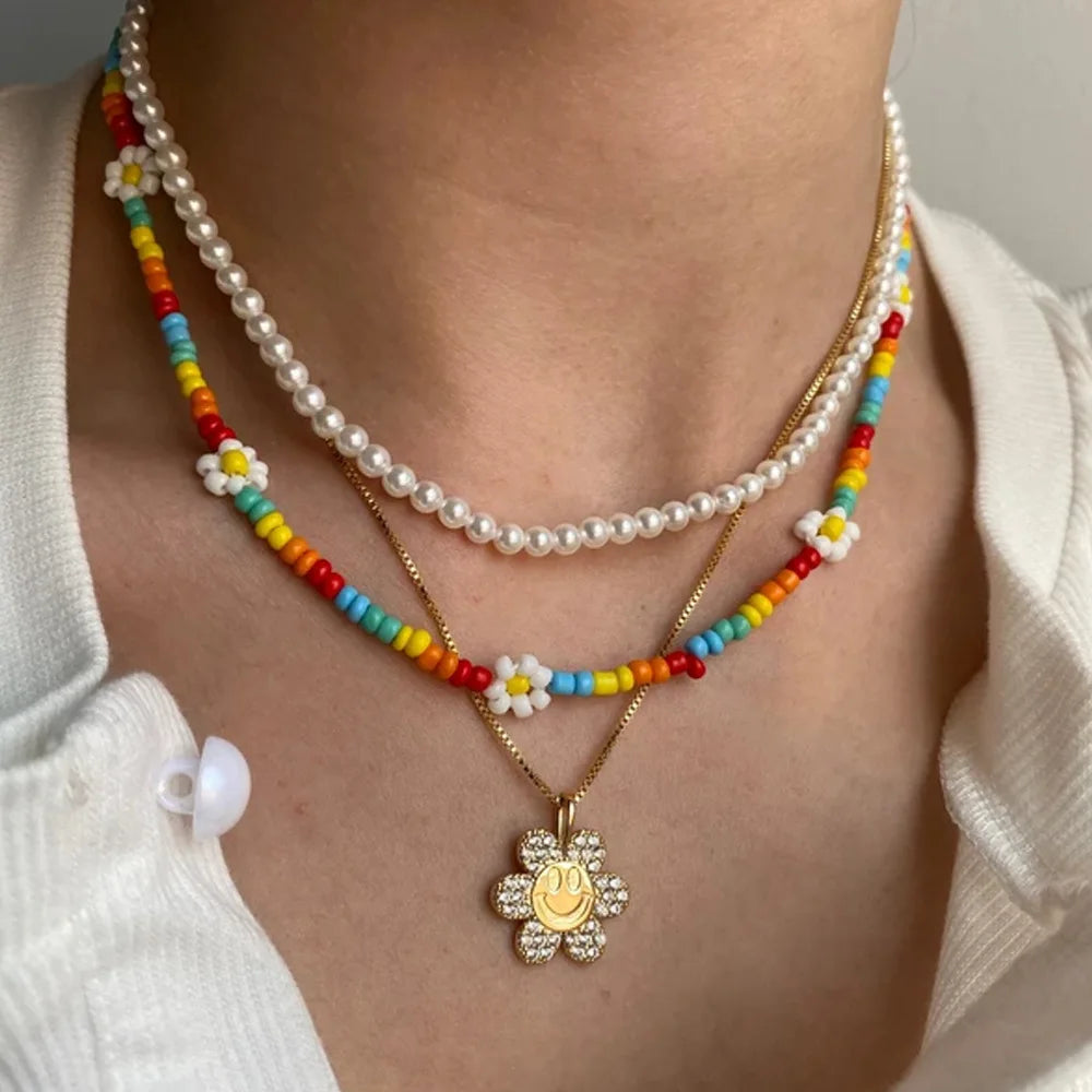 Vintage Sun Flower Smile Necklace Rhinestone Necklaces For Women Girls