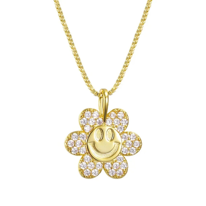 Vintage Sun Flower Smile Necklace Rhinestone Necklaces For Women Girls