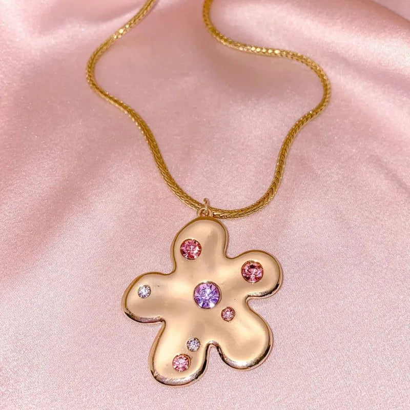 Zircon Flower Necklace Pink Girl Sweet Flower Pendant Chain Choker