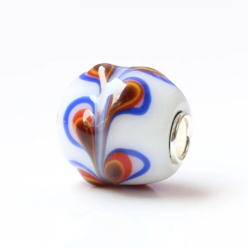 925 Sterling Silver Colorful Flowers Peacock Glass Charm Bead