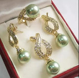 AAA Green Shell Pearl Pendant Necklace Earrings Ring Set