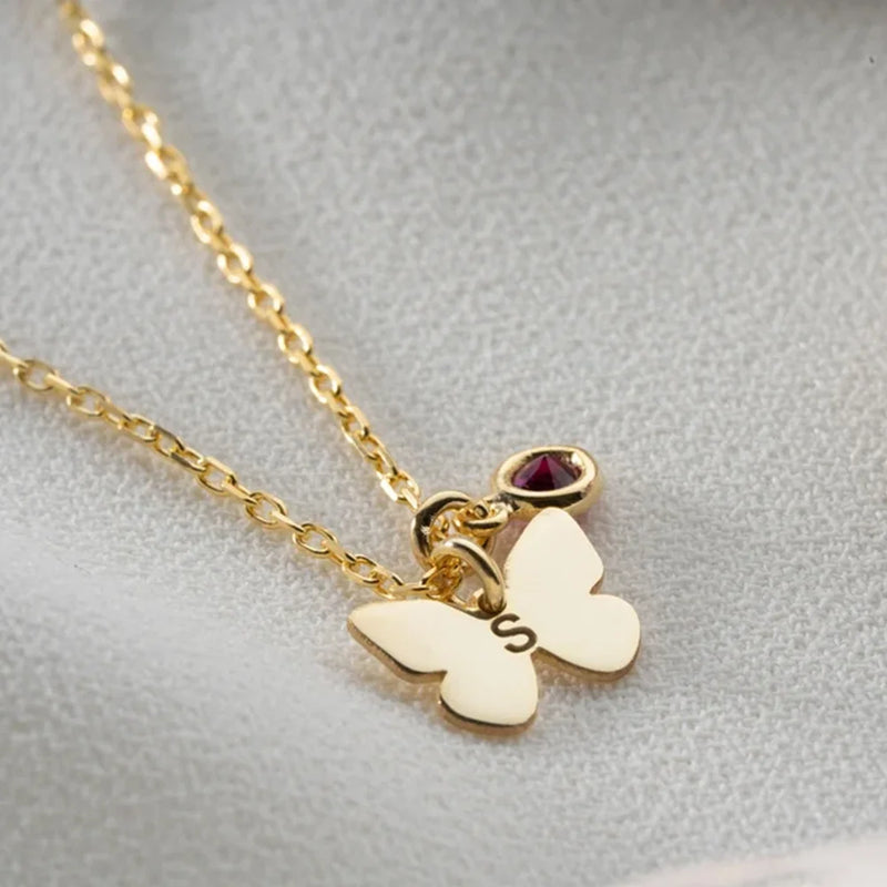 Butterfly Necklace Engraving 1 Letter Silver Stainless Steel Birthstone Charm