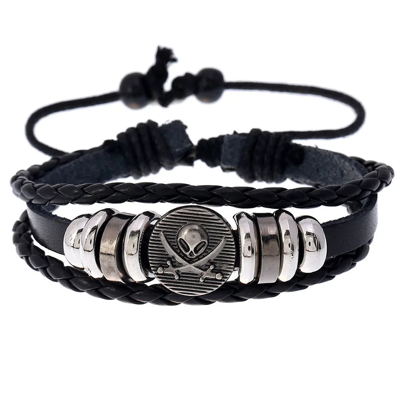 Retro Beaded Skull Leather Bracelet Adjustable Unisex Jewelry