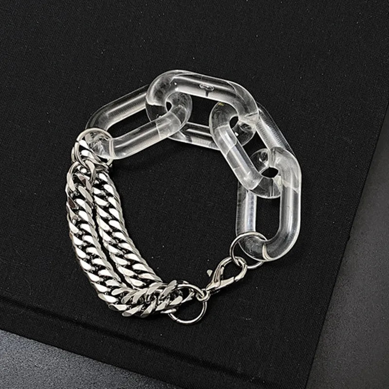 Clear Acrylic Stainless Steel Bracelet Punk Chunky Cuban Thick Chain for Women