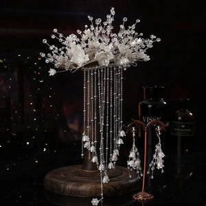 Crystal Flower Tassel Hair Comb Earring Set Bridal Headwear Wedding Accessories