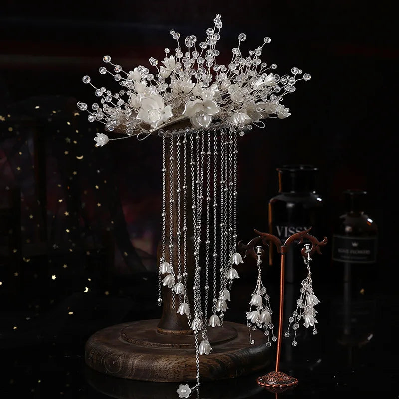 Crystal Flower Tassel Hair Comb Earring Set Bridal Headwear Wedding Accessories