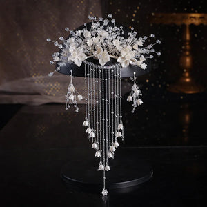 Crystal Flower Tassel Hair Comb Earring Set Bridal Headwear Wedding Accessories