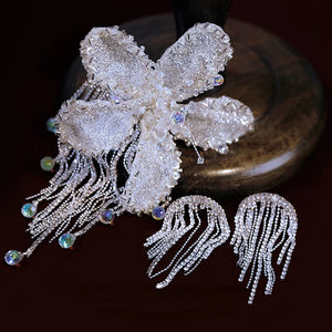Crystal Flower Tassel Hair Clip Earrings Set Wedding Headdress