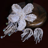 Crystal Flower Tassel Hair Clip Earrings Set Wedding Headdress