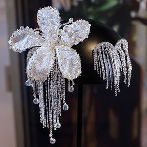 Crystal Flower Tassel Hair Clip Earrings Set Wedding Headdress