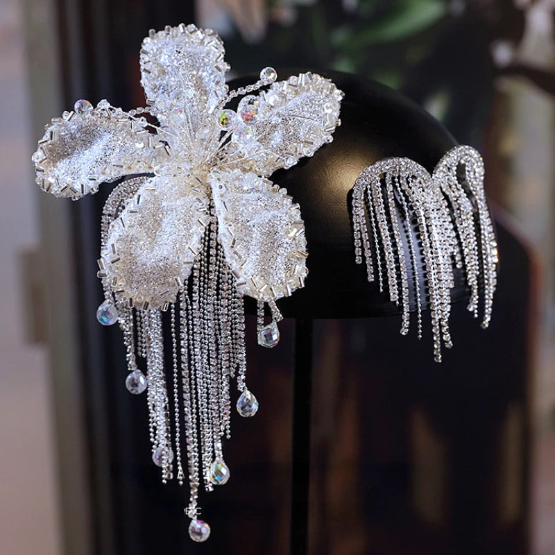 Crystal Flower Tassel Hair Clip Earrings Set Wedding Headdress