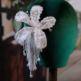 Crystal Flower Tassel Hair Clip Earrings Set Wedding Headdress
