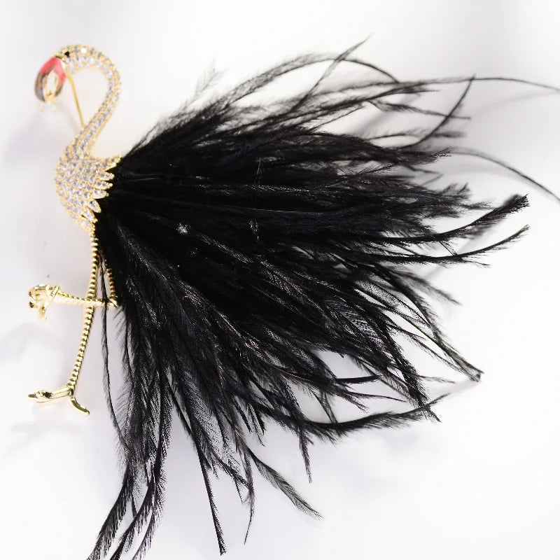 Zircon Flamingo Brooch Pin Pink Soft Simulation Feathers