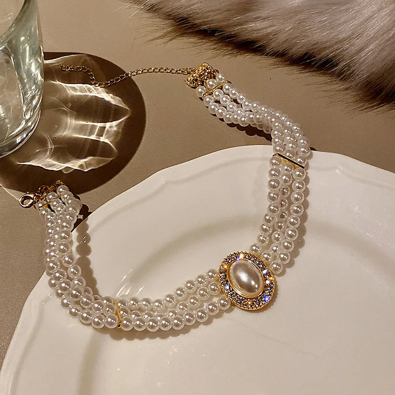 Pearl 3-Layer Necklace Rhinestone Clavicle Chain Jewelry