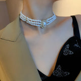 Pearl 3-Layer Necklace Rhinestone Clavicle Chain Jewelry