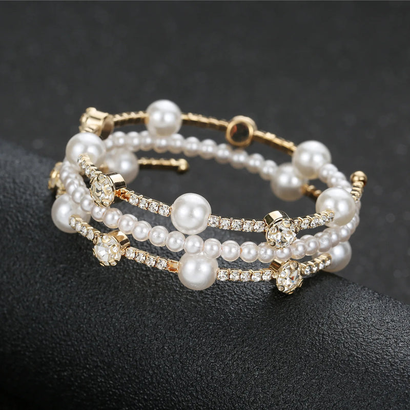 Bridal Simulated Pearl Cuff Bracelet with Rhinestones