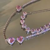 Y2K Sweet Pink Crystal Heart Necklace Choker Collares