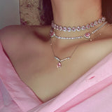 Y2K Sweet Pink Crystal Heart Necklace Choker Collares