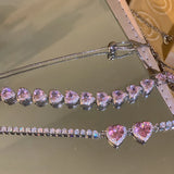 Y2K Sweet Pink Crystal Heart Necklace Choker Collares