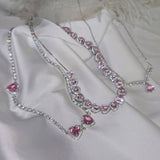 Y2K Sweet Pink Crystal Heart Necklace Choker Collares