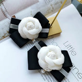 Pearl Bow Ribbon Camellia Flower Brooch