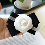 Pearl Bow Ribbon Camellia Flower Brooch