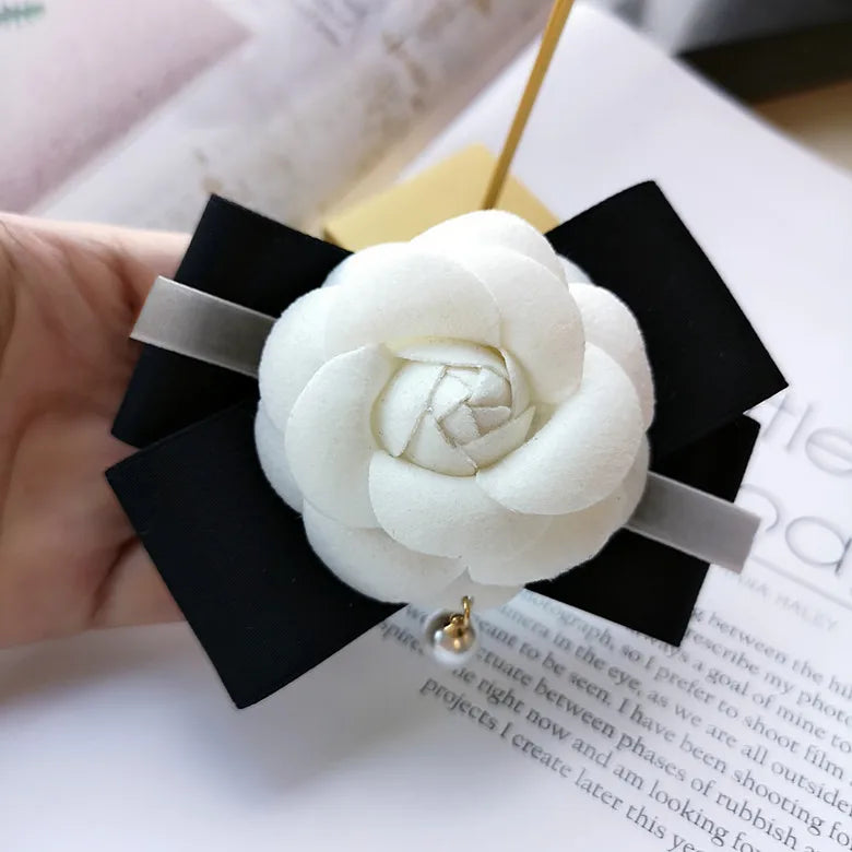 Pearl Bow Ribbon Camellia Flower Brooch