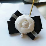 Pearl Bow Ribbon Camellia Flower Brooch