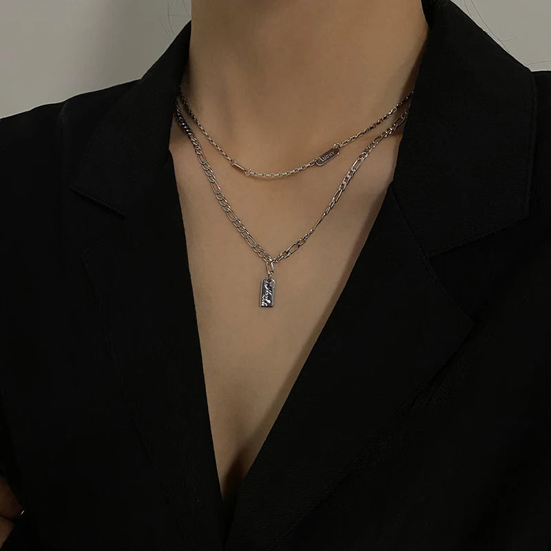 Vintage Layered Necklace Cuban Link Choker Stainless Steel Chain Square Pendant
