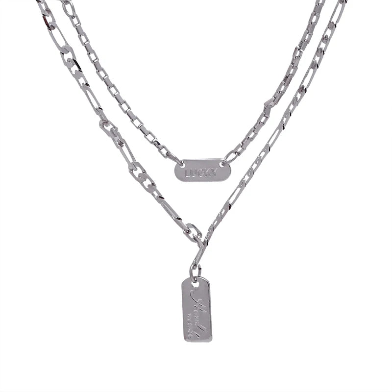 Vintage Layered Necklace Cuban Link Choker Stainless Steel Chain Square Pendant