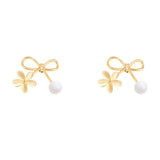 Vintage Pearl Bow Earrings Women'S Ins Style Sense Cat'S Eye Flower Earrings
