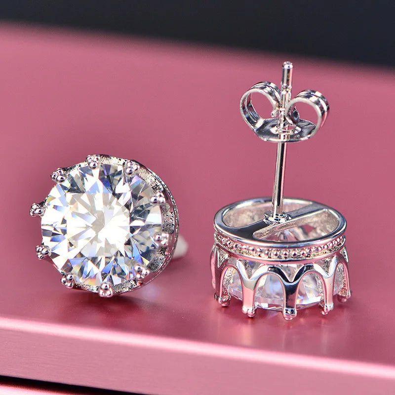 Lab Diamond Moissanite Gemstone 925 Silver Crown Stud Earrings Crystal Jewelry