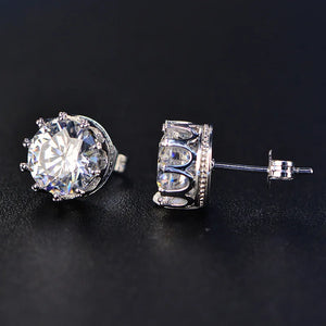 Lab Diamond Moissanite Gemstone 925 Silver Crown Stud Earrings Crystal Jewelry