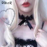 Lace Bow Choker Gothic Necklaces with Bell