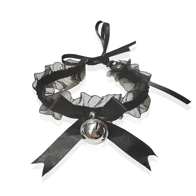 Lace Bow Choker Gothic Necklaces with Bell