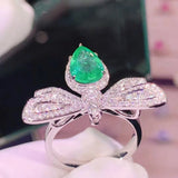 Sterling Silver Water Drop Emerald Butterfly Ring Jewelry Wedding Gift