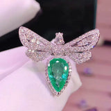 Sterling Silver Water Drop Emerald Butterfly Ring Jewelry Wedding Gift
