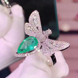 Sterling Silver Water Drop Emerald Butterfly Ring Jewelry Wedding Gift