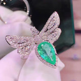 Sterling Silver Water Drop Emerald Butterfly Ring Jewelry Wedding Gift