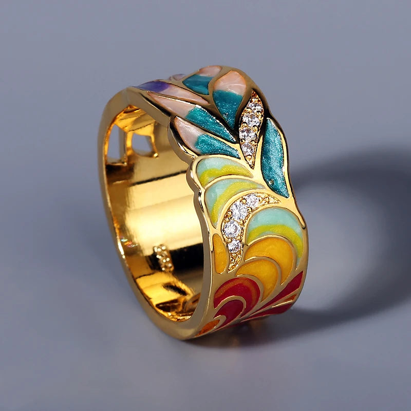 Golden Feather Zircon Ring 925 Silver Plated Party Jewelry