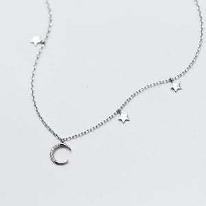 Real 925 Sterling Silver CZ Crescent Moon Star Choker Necklace