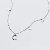 Real 925 Sterling Silver CZ Crescent Moon Star Choker Necklace