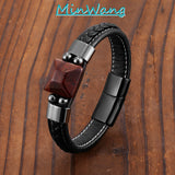 Red Tiger Eye Stone Men's Leather Bracelet 316L Stainless Steel