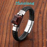 Red Tiger Eye Stone Men's Leather Bracelet 316L Stainless Steel