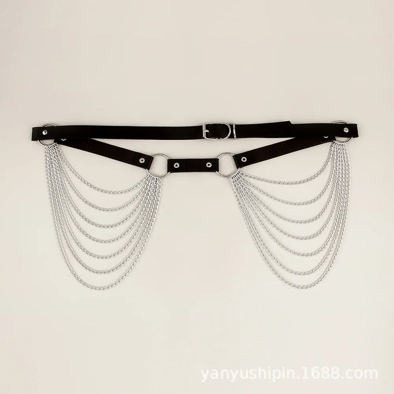 Layered Leather Belt With Chains Body Harness Sexy Waist Goth Accessories