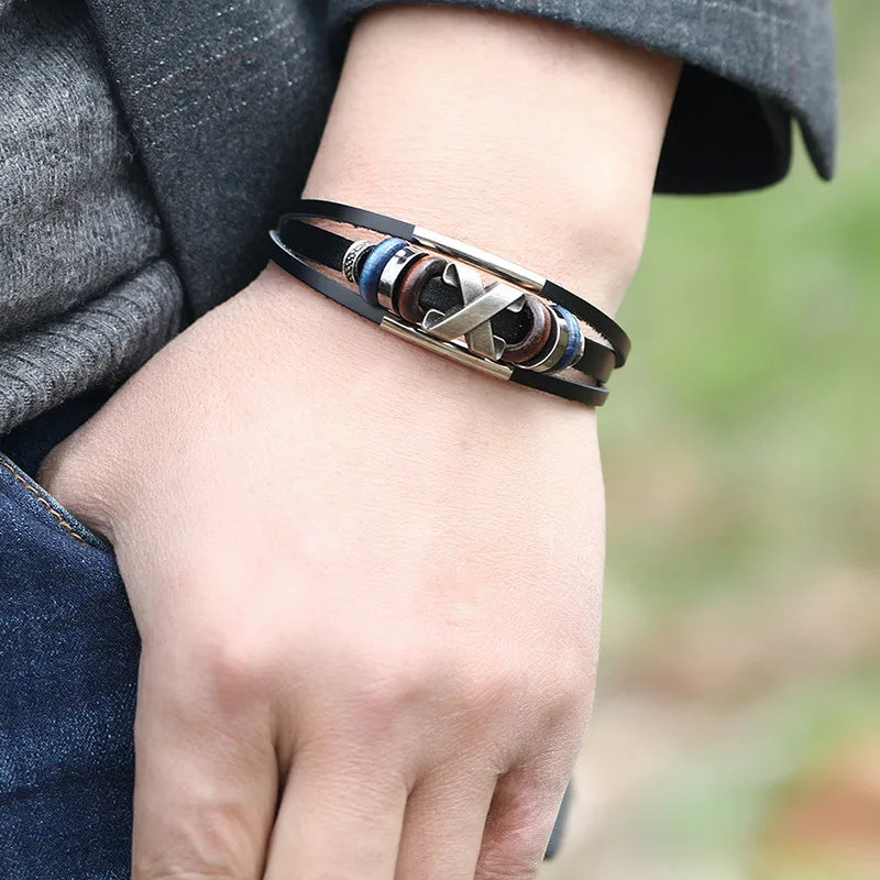 Men's Leather Bracelet Metal Circle Charms Wrap Wristband